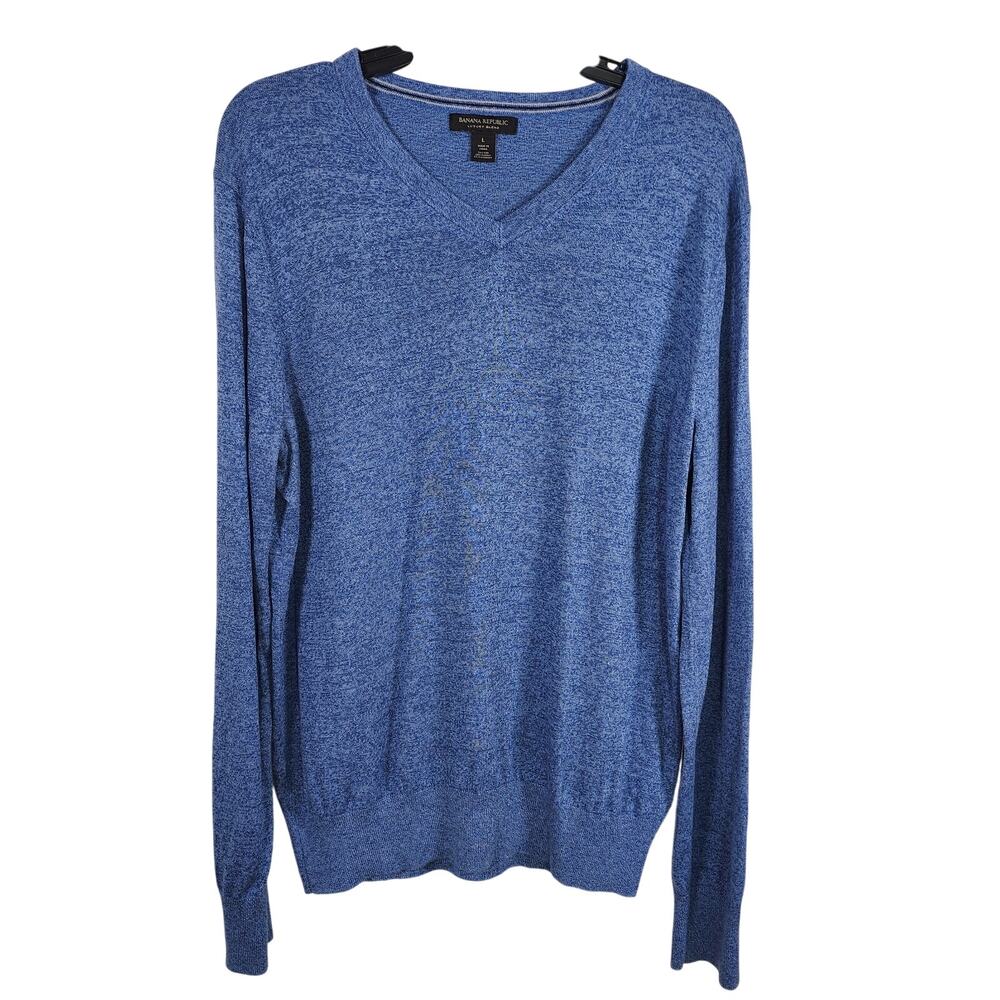 Banana Republic Men's Silk Cashmere V Neck Sweater Large Blue Quiet Luxury Knit